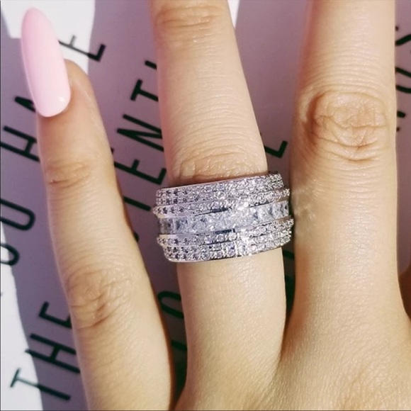 Wide 925 sterling silver & CZ eternity band ring size 7.5-7.75 - Picture 2 of 11